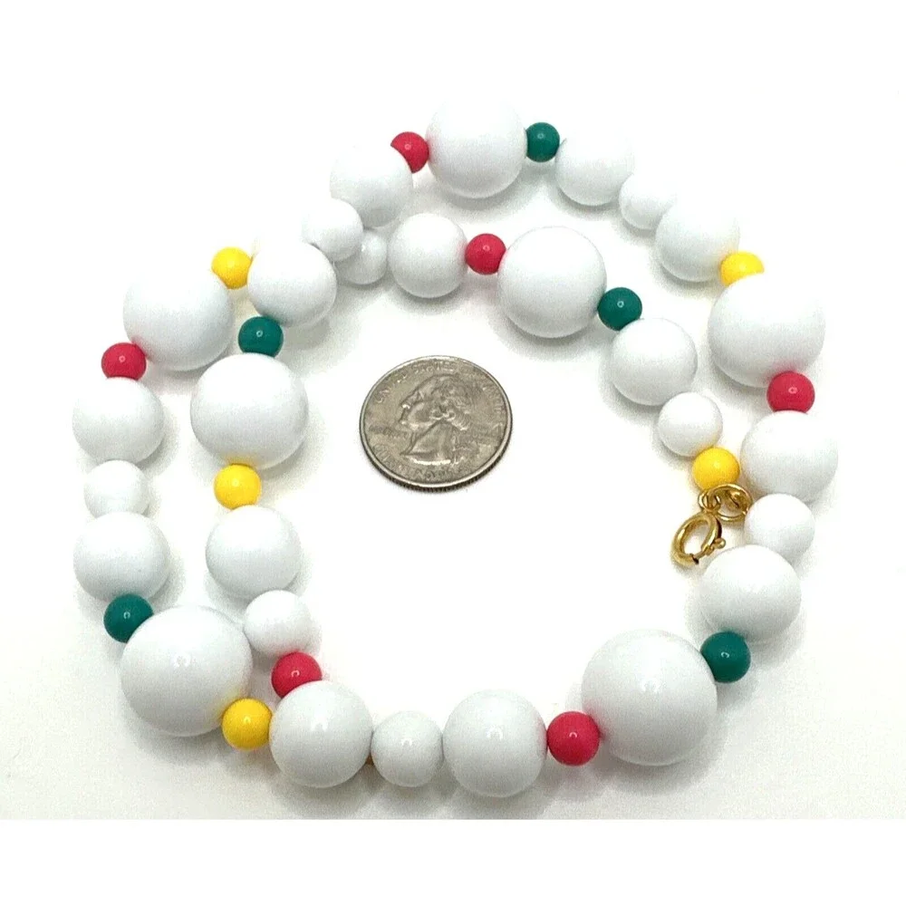 Vintage 1980s White Gumball Bead Necklace Multicolor Accents Statement Retro 20